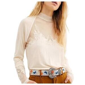 Free People Saheli Embroidered Mesh Floral Detail Top Ivory Women’s Size Small